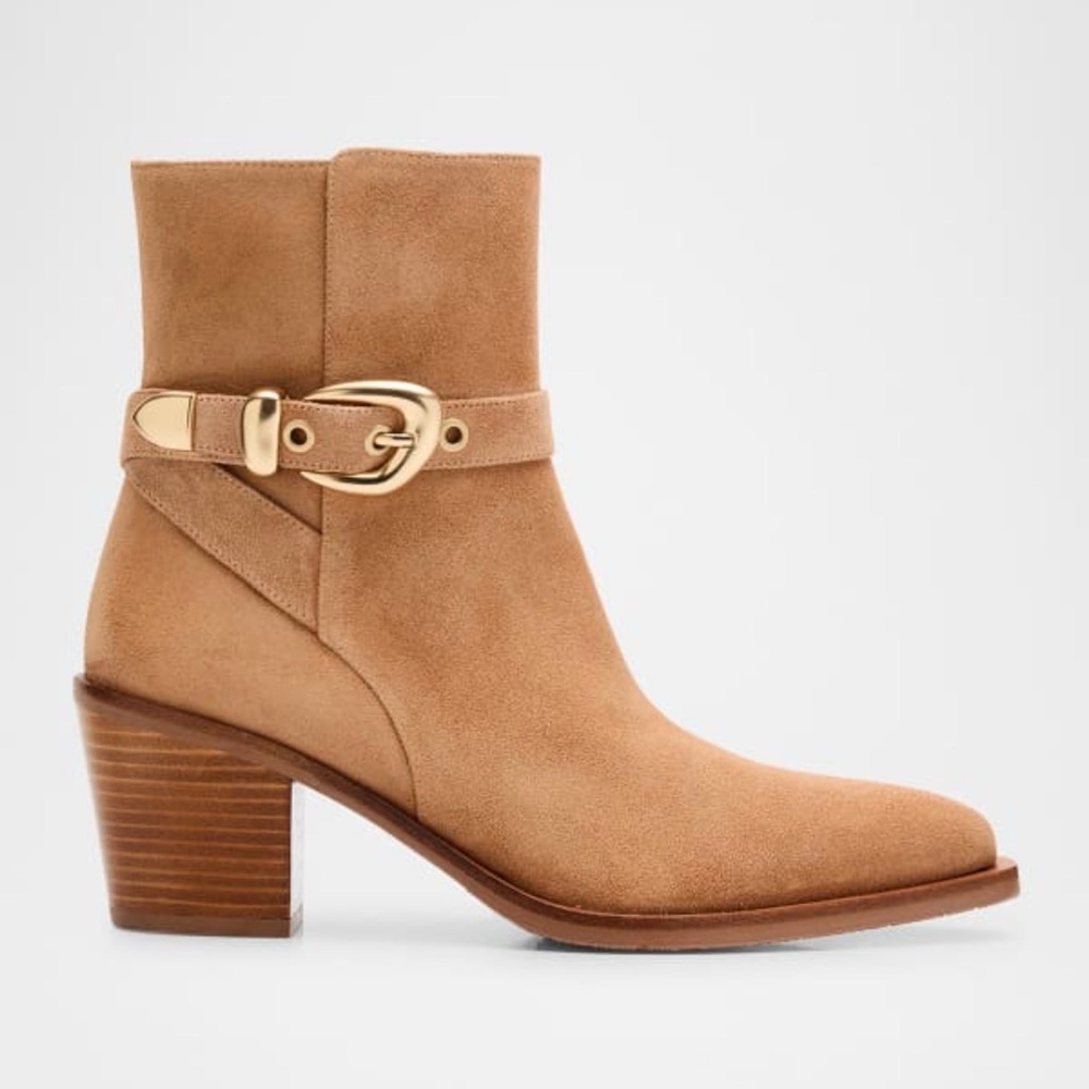 Stuart Weitzman Tan Suede Ankle Booties Western Style Block Heel Zip Size 10